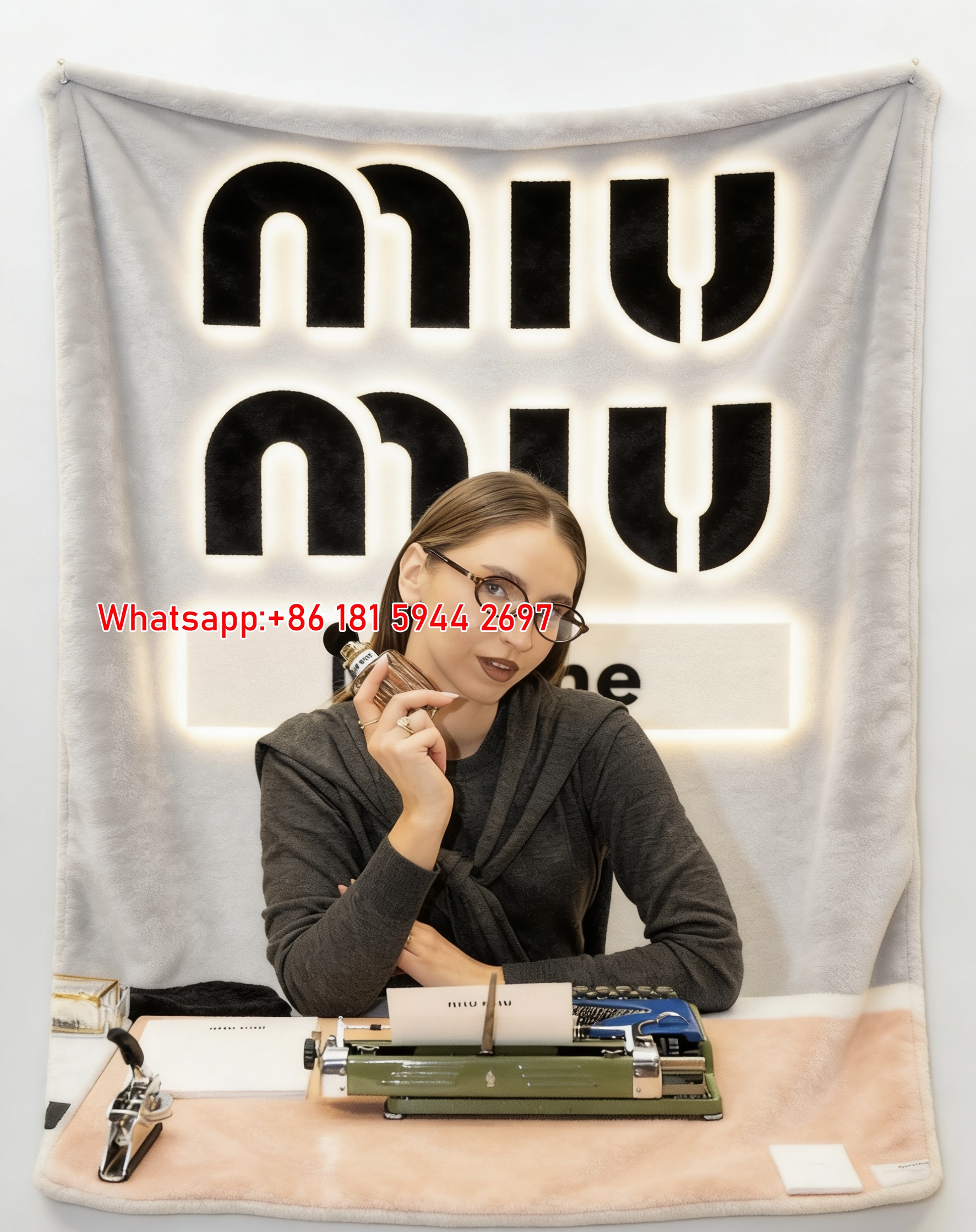Miu Miu Neutral Gray & Sage Green Office Style Print Flannel Throw Blanket IMG_0595